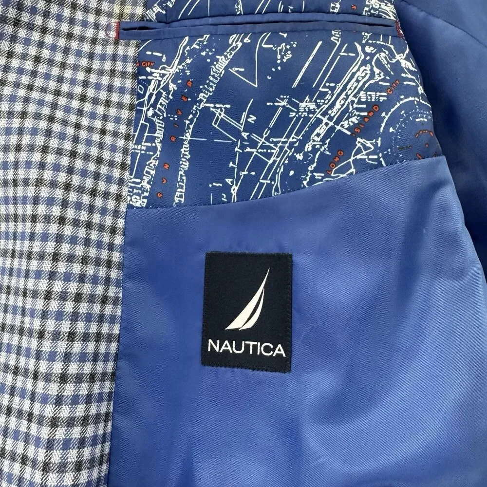 Nautica Mens Blue Plaid Blazer Sport Coat Stretch Map Lining 48R